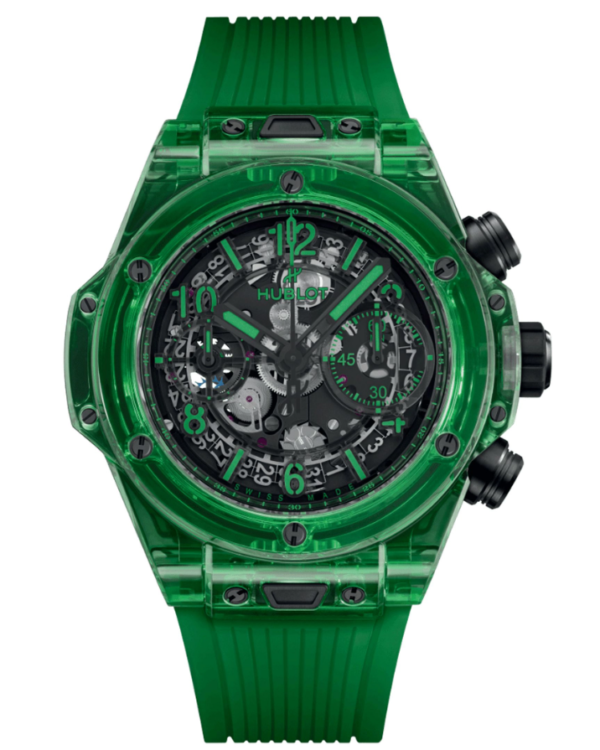 Hublot Big Bang Unico Green SAXEM automatic watch skeleton dial green rubber strap 42 mm