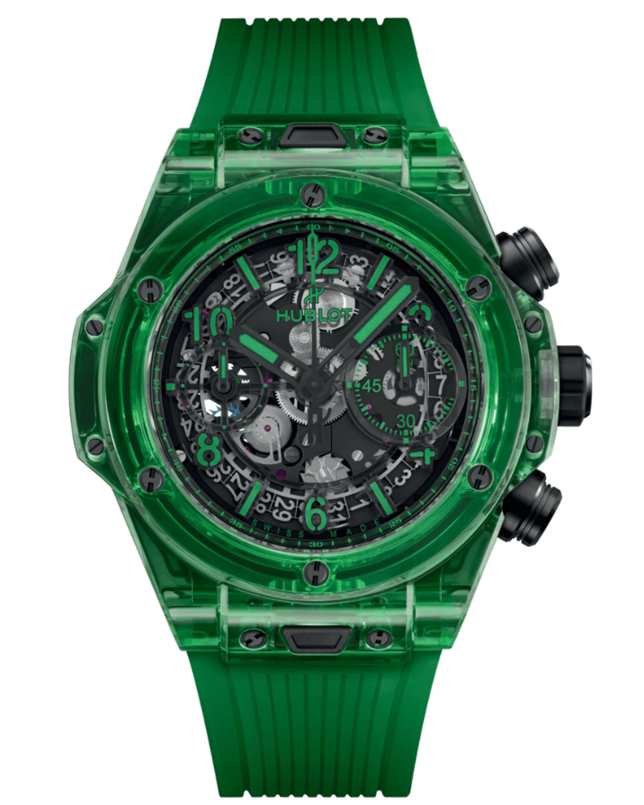 Hublot Big Bang Unico Green SAXEM automatic watch skeleton dial green rubber strap 42 mm