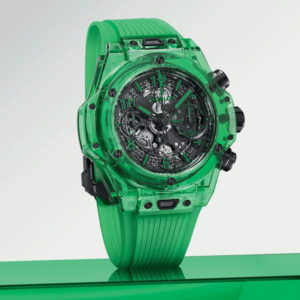 Hublot Big Bang Unico Green SAXEM automatic watch skeleton dial green rubber strap 42 mm
